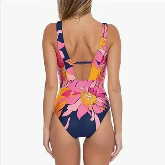 Trina Turk Breeze Floral Plunge Maillot One Piece Swimsuit Size 14 Colorful - Picture 6 of 12